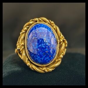 🌠 Vtg. Gold Toned Adjustable Ring With Large Faux Lapis Lazuli Cabochon Stone